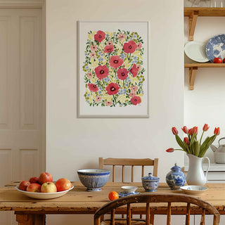 watercolour hand painted poppy floral design, bright pinks, lilacs, butter yellow and greenery fine art print in a2 styled in country home kitchen