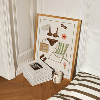 Take me to the beach fine art print- Summer fashion illustration of bikini, flipflops, ice cream, sunglasses, beach bag, book and hibiscus flower on bedroom floor