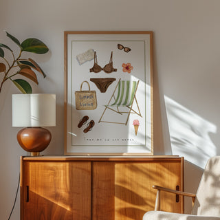 Take me to the beach fine art print- Summer fashion illustration of bikini, flipflops, ice cream, sunglasses, beach bag, book and hibiscus flower in living room