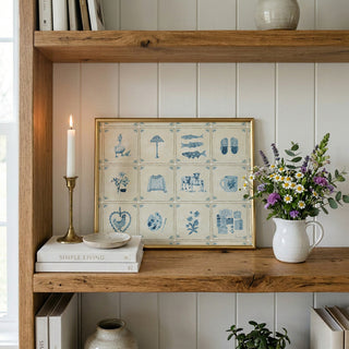 A framed art print featuring a blue and white tile pattern with various small illustrations, styled on a rustic wooden shelf next to a lit candle, books, and a vase of flowers.