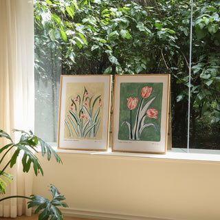 Our tulip art print paired with our light muted yellow snowdrop art print
