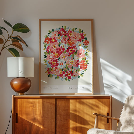 vivid summer print styled in thin light oak frame on chest of drawers with lamp and greenery