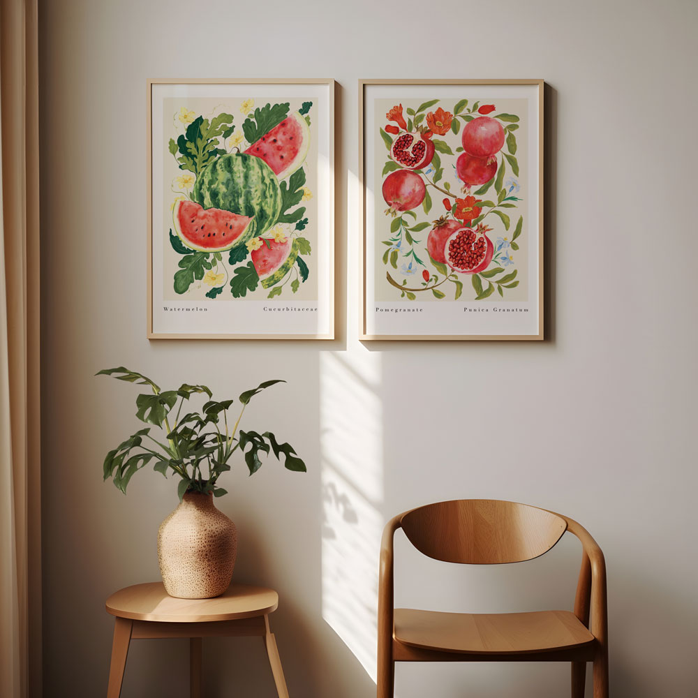 Pomegranate print styled with our watermelon art print