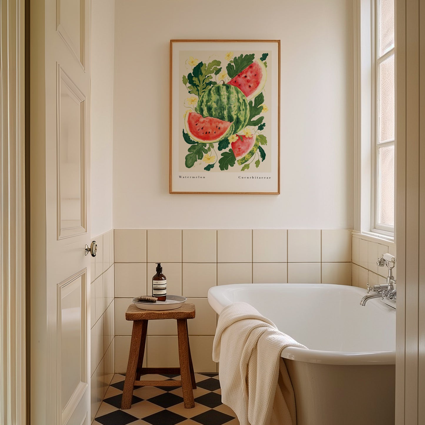 Watermelon art print styled large in bathroom.  Juicy pop of colour and sweetness to brighten up a neutral room