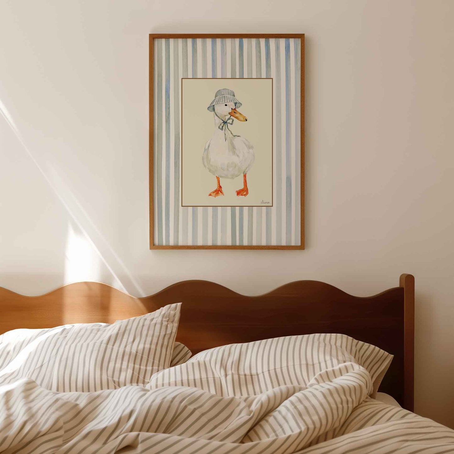 white duck wearing vintage striped bucket hat, on butter yellow rectangle on striped blue background. Perfect for nursery room walls. 