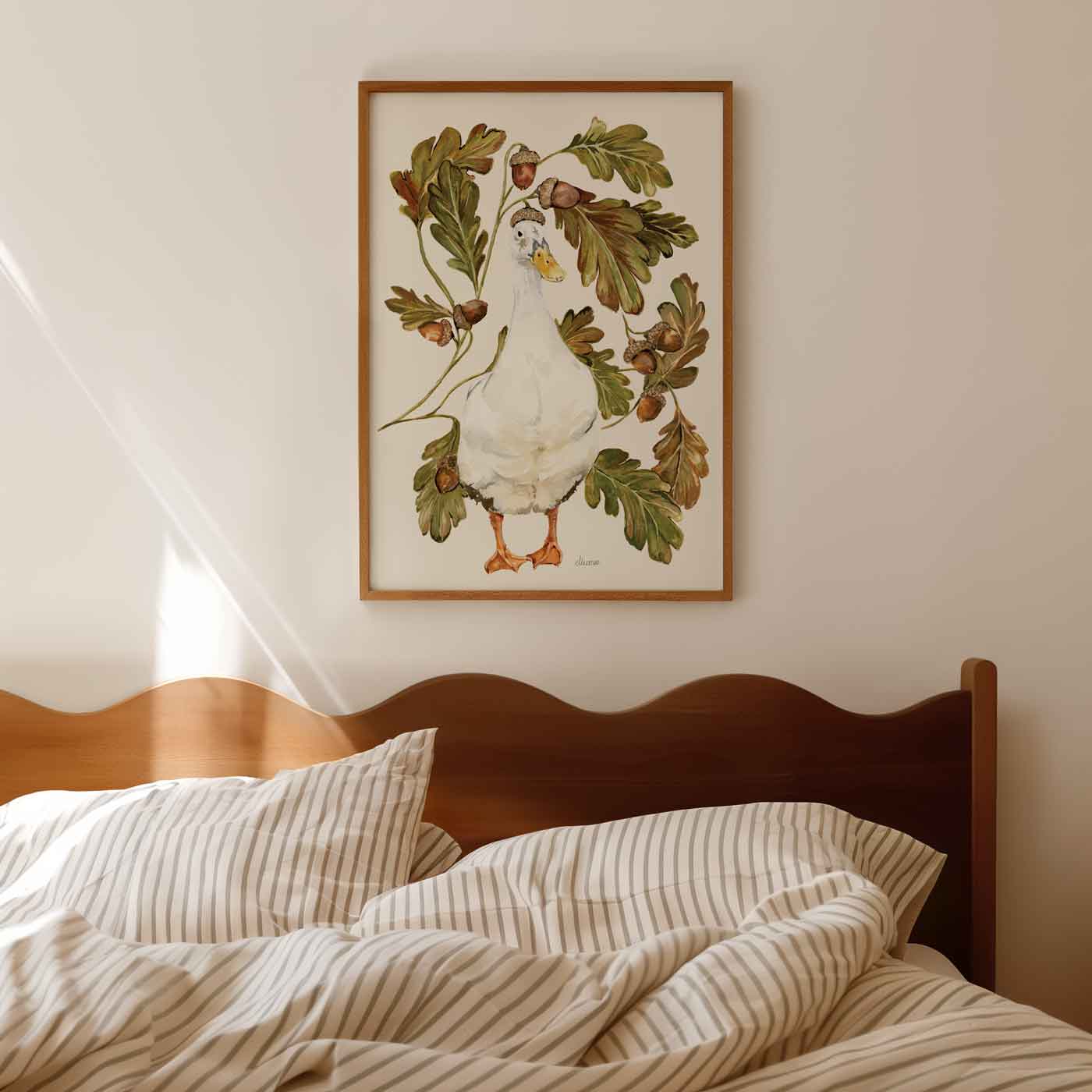 autumn acorn duck print. white indian runner duck wearing acorn hat surrounded by acorns and foliage. Available in a4 a3 a2 sizes.