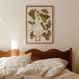 autumn acorn duck print. white indian runner duck wearing acorn hat surrounded by acorns and foliage. Available in a4 a3 a2 sizes.