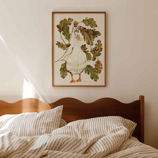 autumn acorn duck print. white indian runner duck wearing acorn hat surrounded by acorns and foliage. Available in a4 a3 a2 sizes.