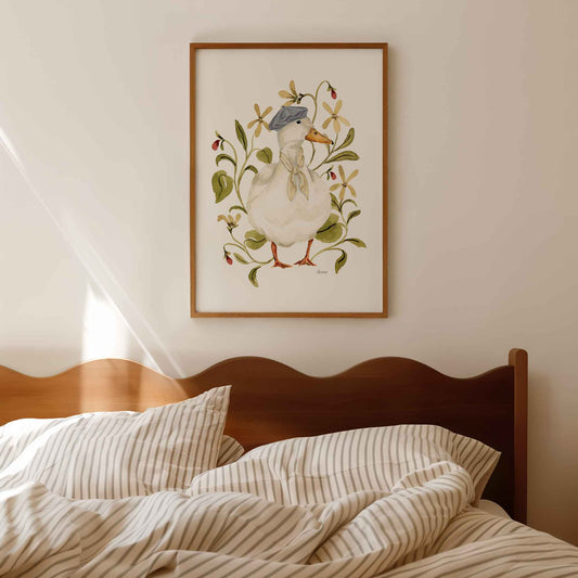 painted white duck with lilac beret and neck scarf surrounded by wildflowers on white background. Ideal for nursery rooms or cottage homes