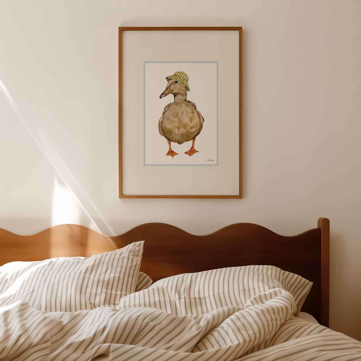 brown illustrated duck wearing yellow gingham bucket hat. Vintage inspired nursery room wall art, perfect for cosy cottage home.