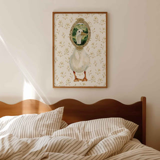 white duck illustration with ducks head in vintage frame. Perfect for Cottage home, vintage childrens style nursery room.