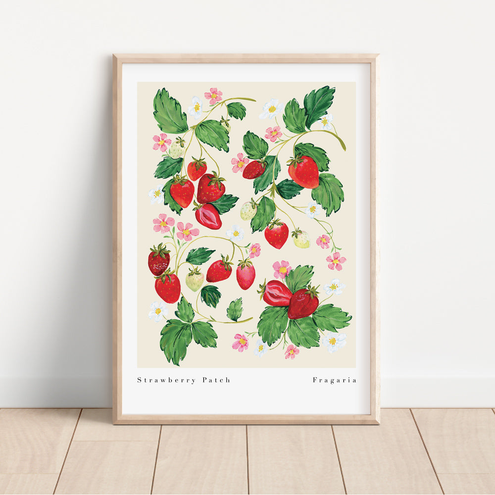 strawberry patch art print originally hand painted with gouache.