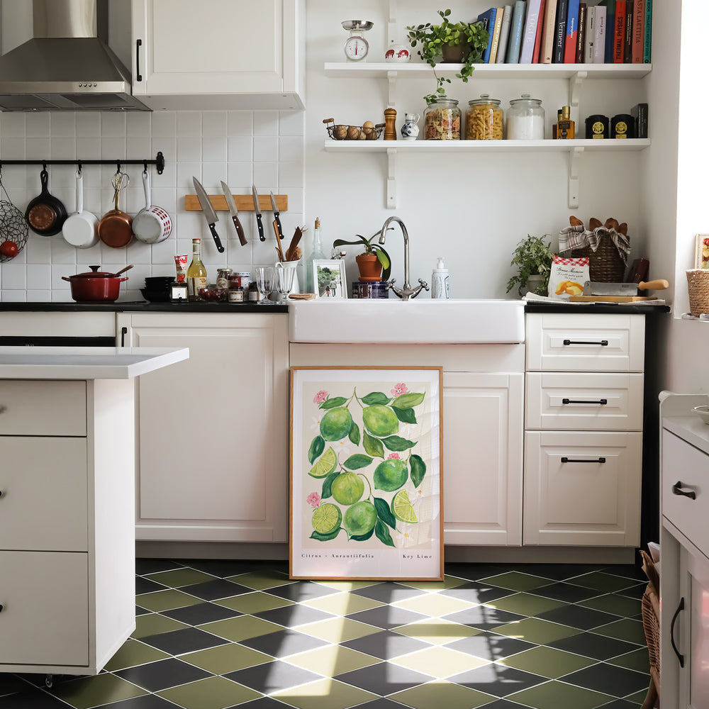 lime print in kitchen area