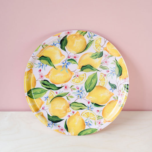 circular melamine lemon patterned serving summertray 