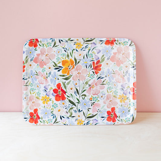 bold colourful wildflower large platter tray against pink and wood back drop. Florals are pink, red, yellows, oranges, blues and lilacs 