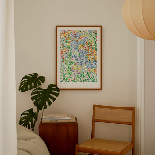 wild garden print styled by chair and plant