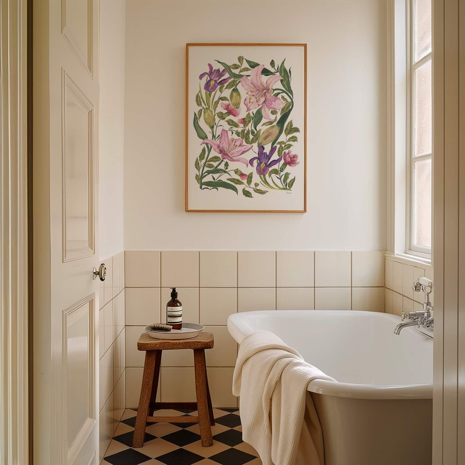 with love lily,botanical fine art print with lily, largest size in mid century modern country bathroom