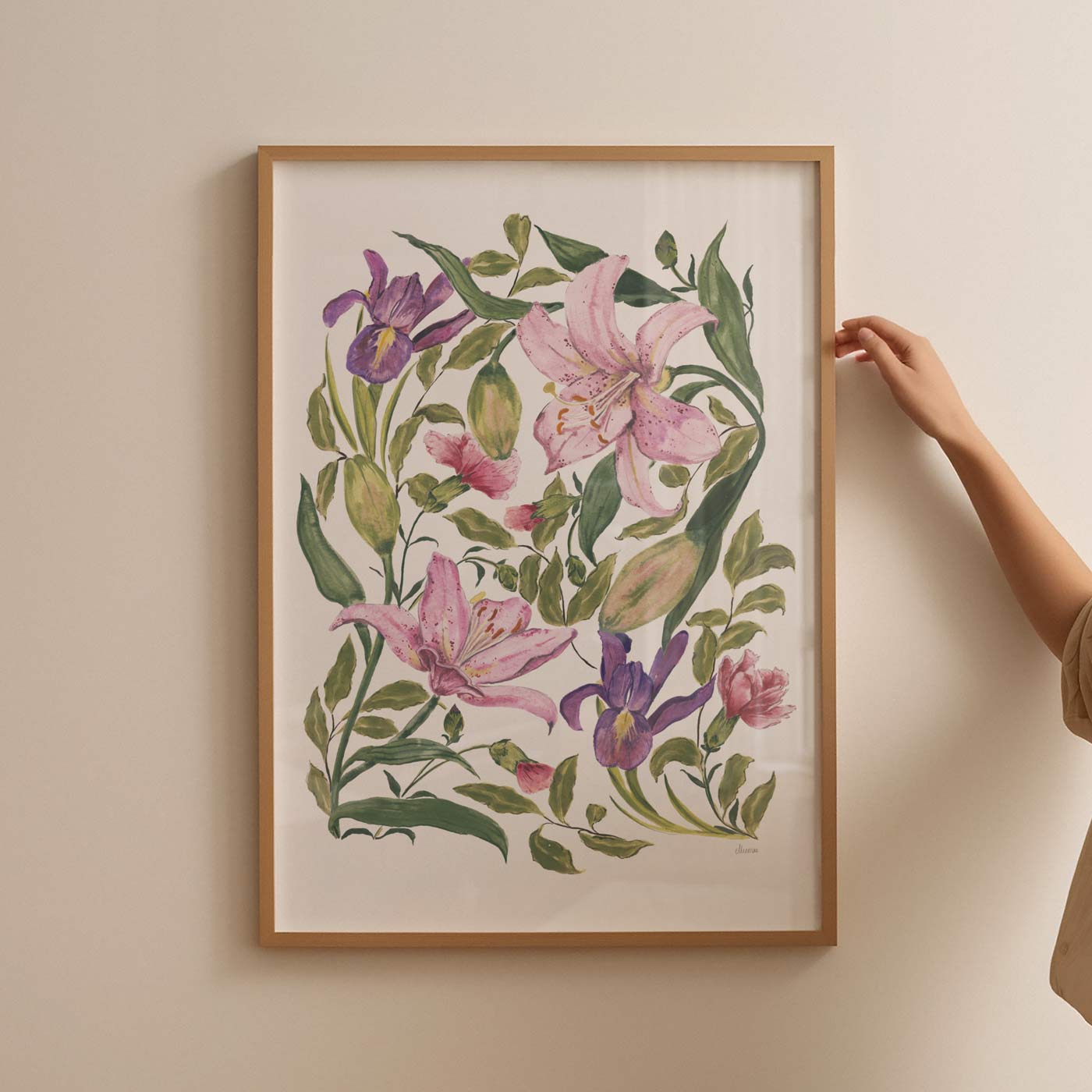 with love lily,botanical fine art print in light oak frame