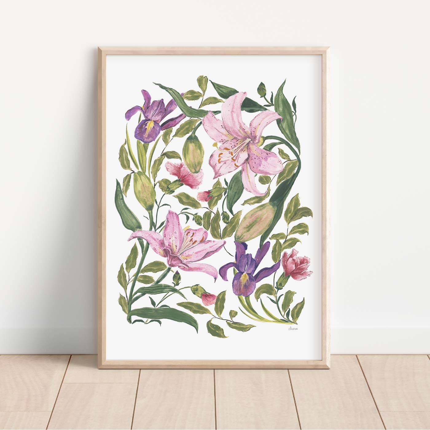 with love lily,botnical fine art print with lily, carnations, iris flowers. in a4 a3 a2