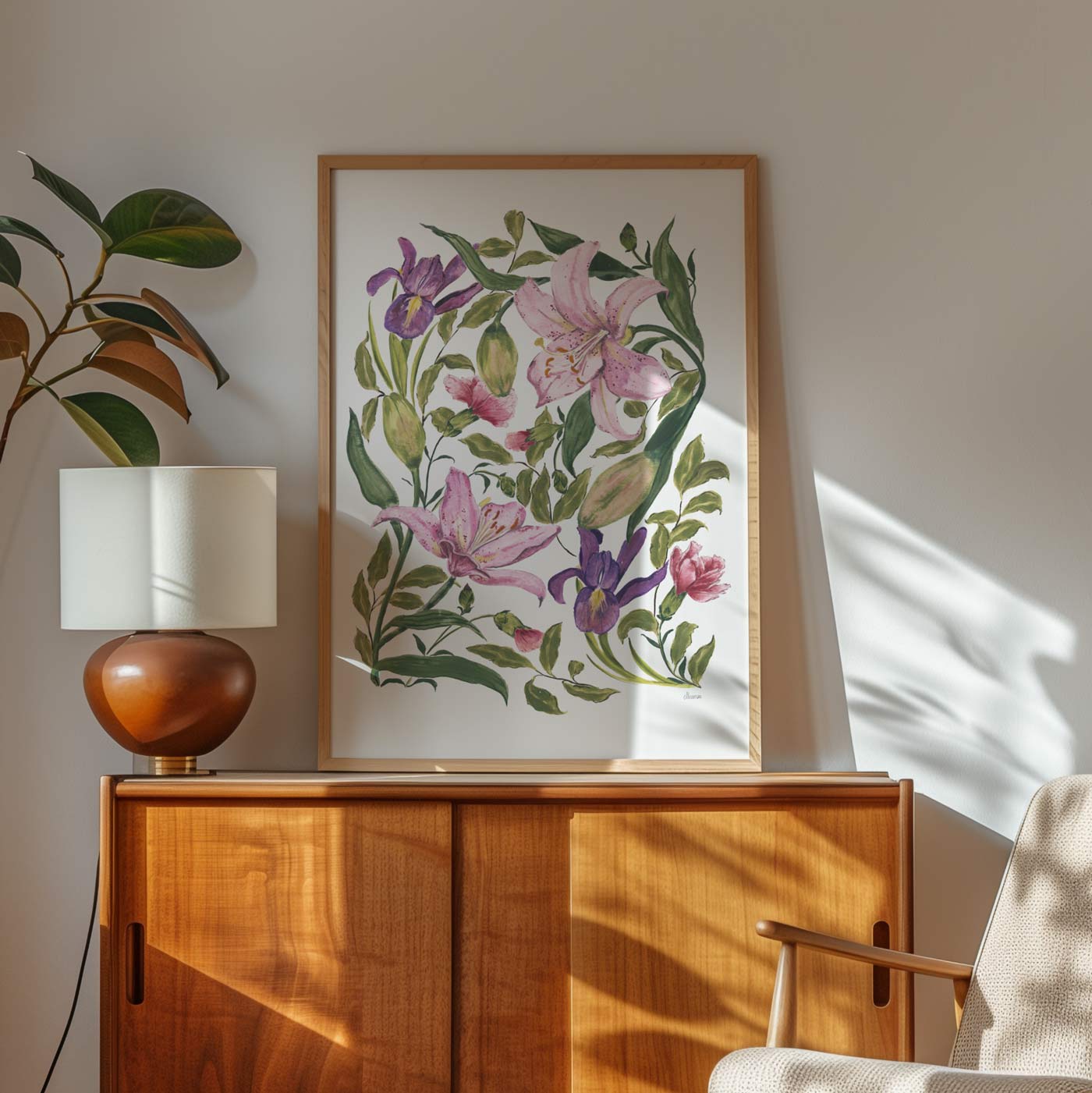 with love lily,botanical fine art print in light oak frame on chest of drawers
