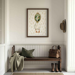 white duck illustration with ducks head in vintage frame. Perfect for Cottage home, vintage childrens style nursery room.