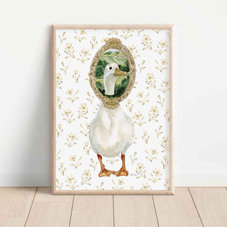 white duck illustration with ducks head in vintage frame. Perfect for Cottage home, vintage childrens style nursery room.