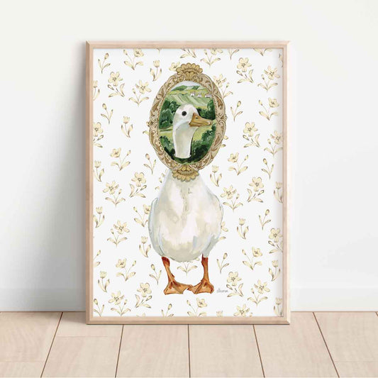 white duck illustration with ducks head in vintage frame. Perfect for Cottage home, vintage childrens style nursery room.