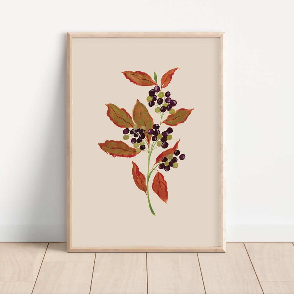 neutral autumnal berry hand painted foliage design. Earthy art print for neutral cosy home.