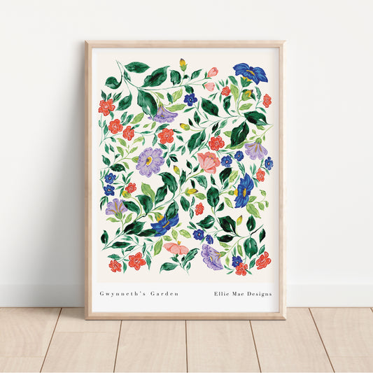 purple, pinks and navy wildflower patterned wall art print