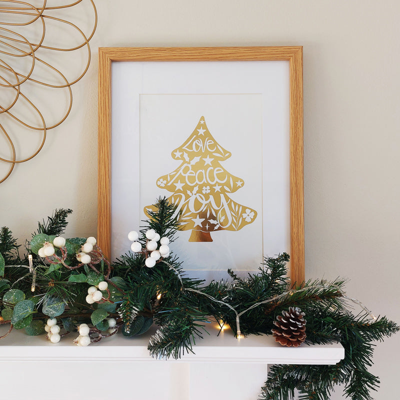 gold foiled love peace joy christmas tree a4 art print 