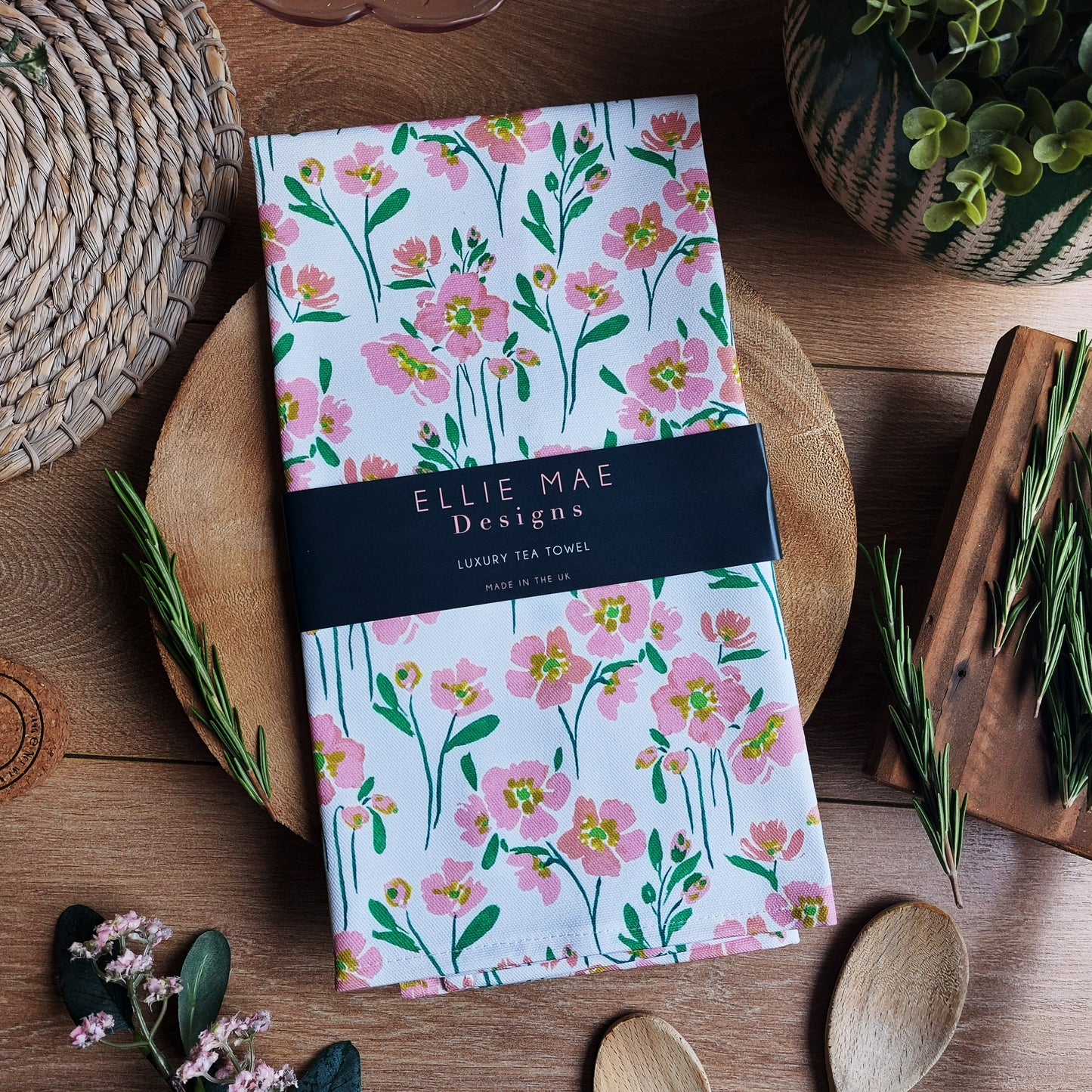  pink wildflower printed cotton kitchen tea towel with belly band perfect for gifting 