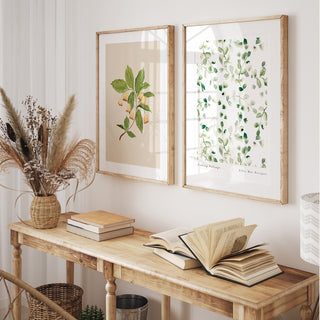 neutral home styling of fading foliage art print and bell flower art print