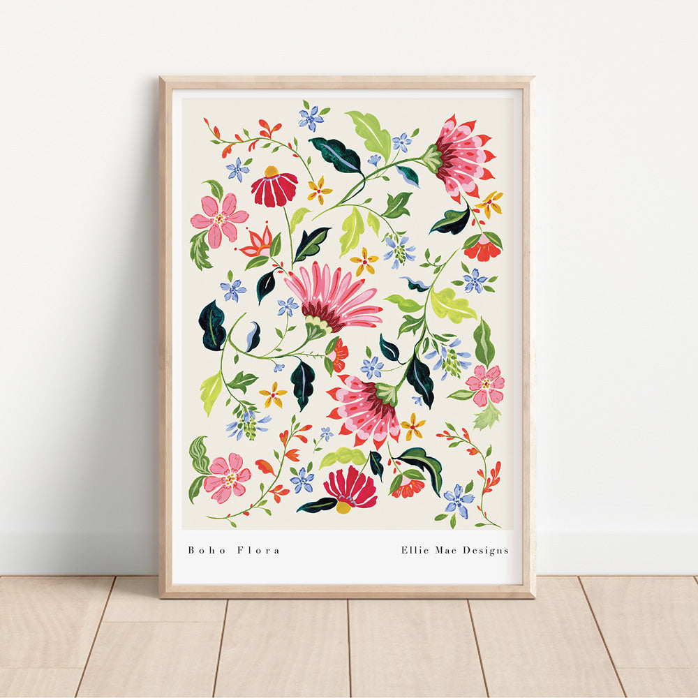 boho floral chintz pink patterned ar print in a4 and a3. Floral wall art for girls room- bedroom - living room
