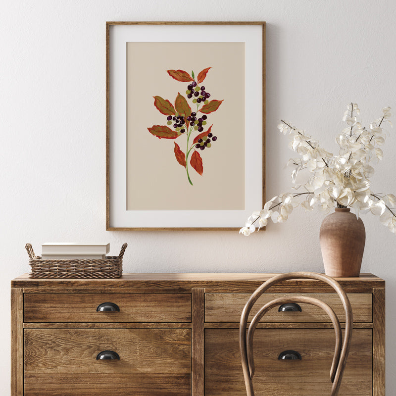 cottage styled print. Autumn art print, beige background and burnt orange leaves and burgundy berries.