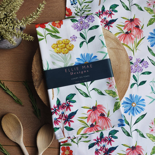 colourful wildflower pattern 100% cotton made in the uk kitchen tea towel