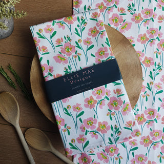 posy print neutral pink wildflower printed 100% cotton kitchen tea towel