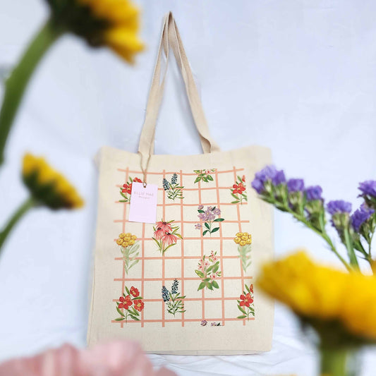 gridded floral canvas gusset tote bag 