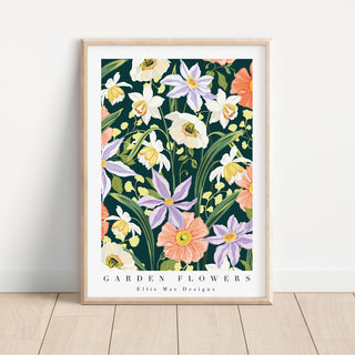 dark navy bold digital floral garden flowers art print 