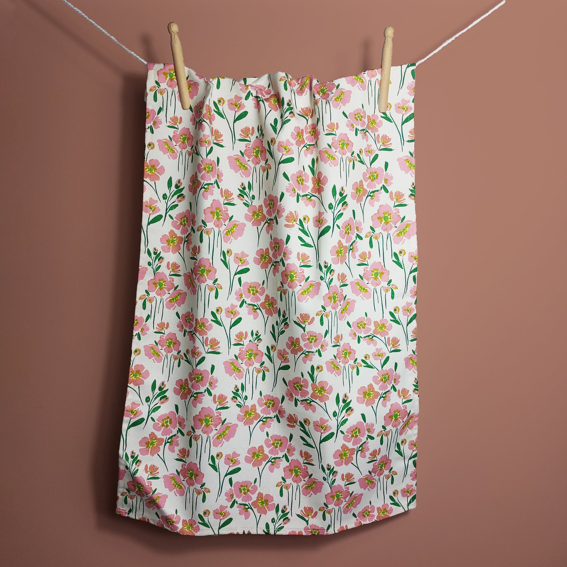 posy print neutral pink wildflower printed 100% cotton kitchen tea towel