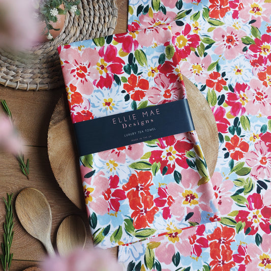 bold pink floral patterned 100% cotton kitchen  tea towel