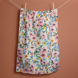 painterly blooms, pink and citrus fruit patterned cotton tea towel for kitchen