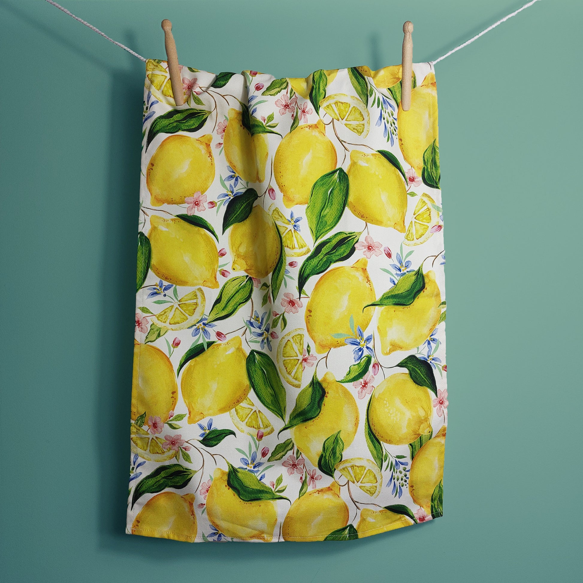 bright summery citrus lemon patterned tea towel 