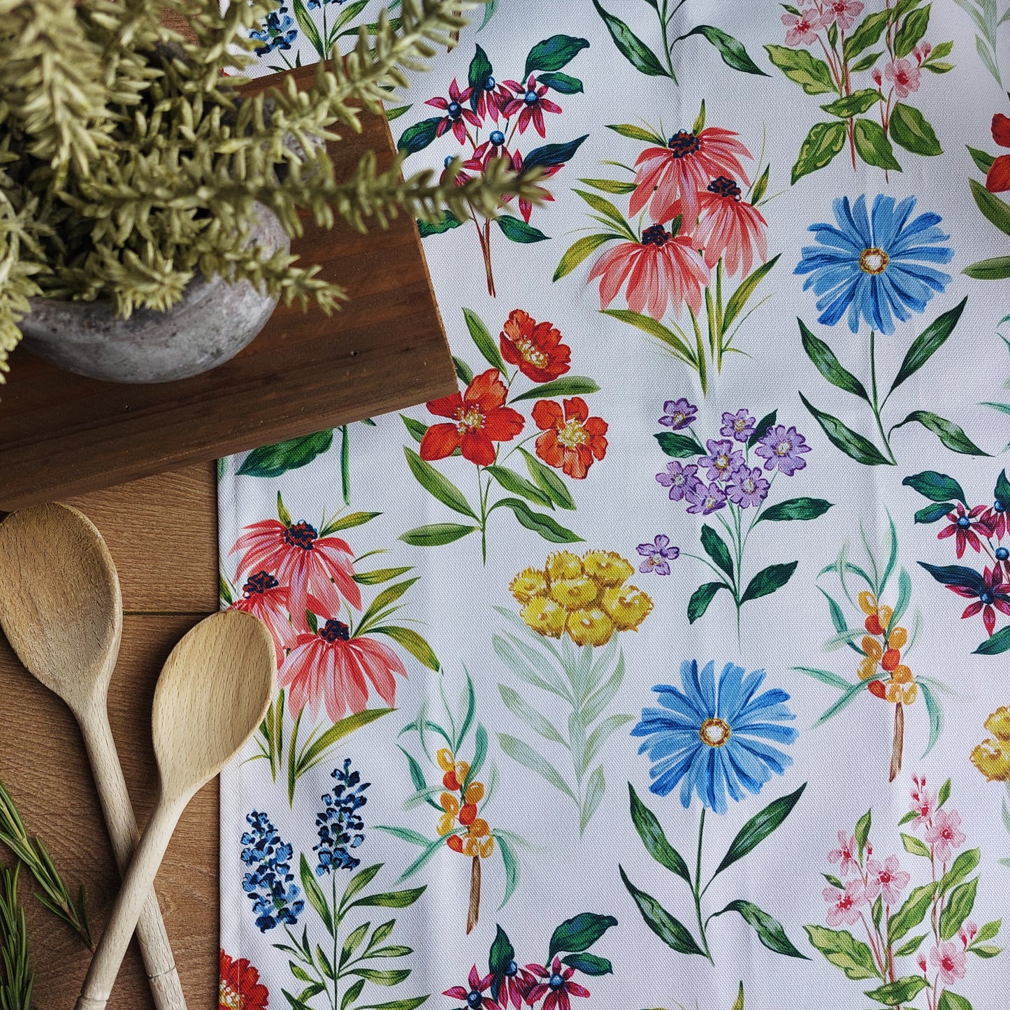 multicoloured wildflower pattern cotton tea towel