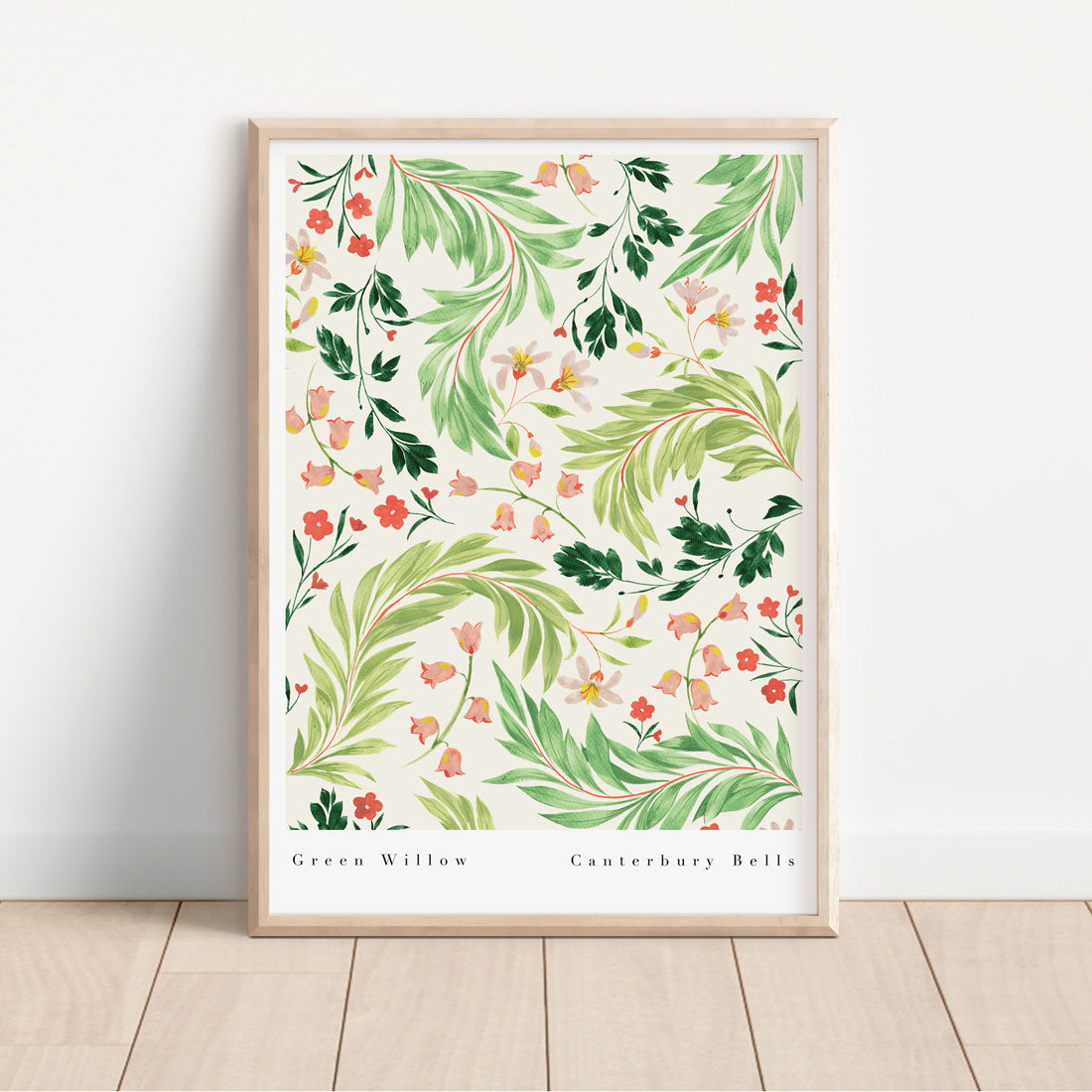 green willow and pink floral patterned wall art print