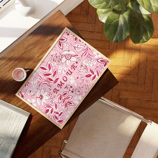 Pink and magenta floral paisley ink design with AMOUR text in the middle. 