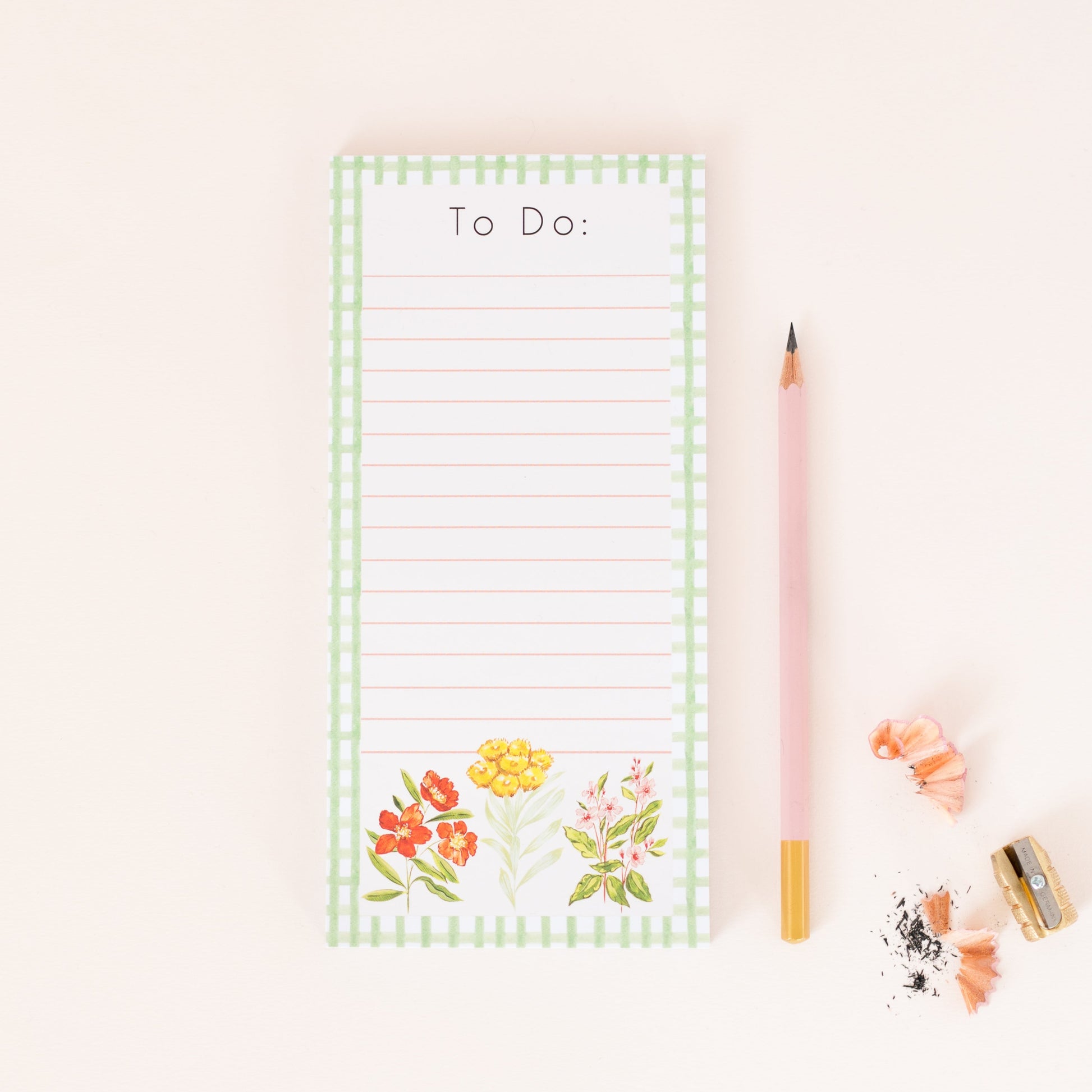 green gingham and floral to do list desk pad, lined with 50 pages