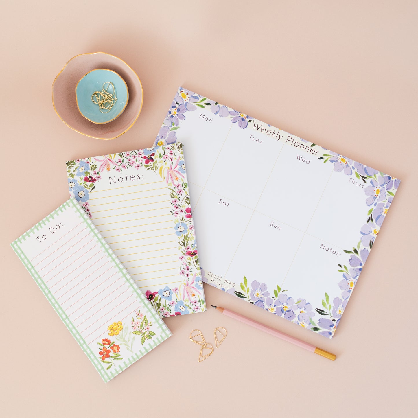 floral stationery bundle set including weekly planner, notepad and to do list 