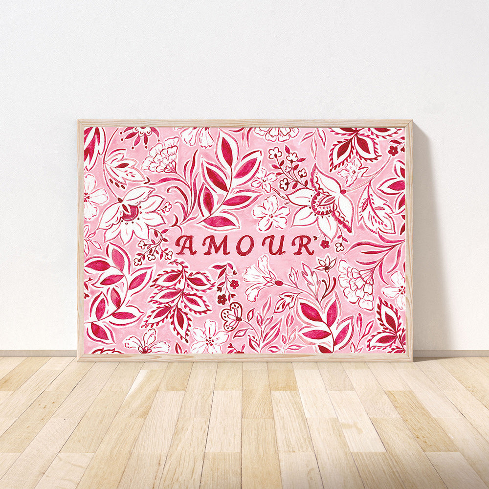Amour Pink 'Love' Art Print in A4 and A3. Pink, paisley hand painted design for bedroom, kitchen, living room area.
