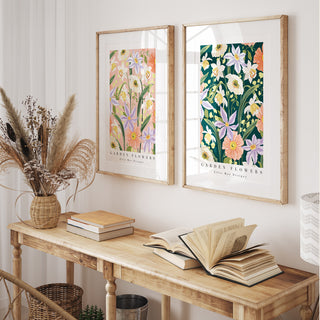 set of garden flowers bold wall art in pink and dark blue 