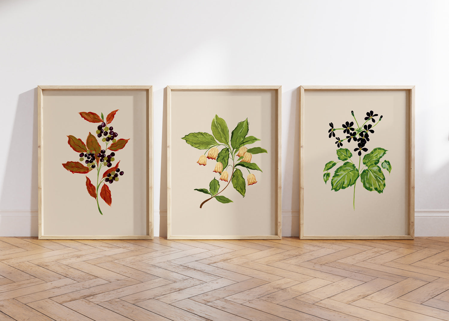 set of 3 neutral botanical art prints 